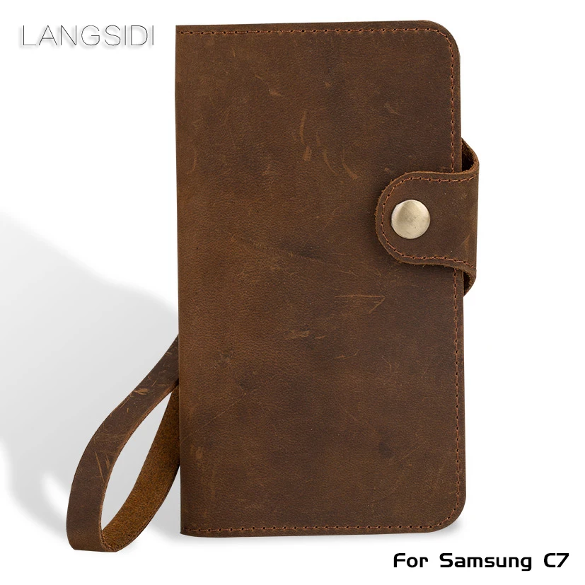

Luxury Genuine Leather flip Case For Samsung C7 retro crazy horse leather buckle style soft silicone bumper phone flip cover