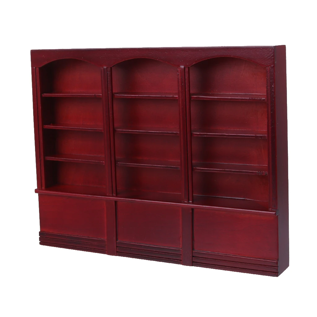 1:12 Doll House Miniatures Wooden Bookcase Bookshelf Study Supplies Study Room Decor - Dark Red
