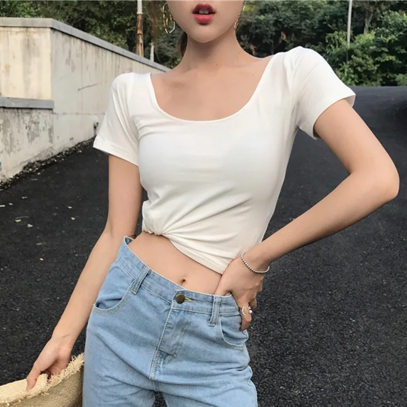 

Hot Sell Sexy U neck Crop Top Ladies Short Sleeve T Shirt Tee Short T-shirt Basic Stretch T-shirts Women Solid Color Casual Tops