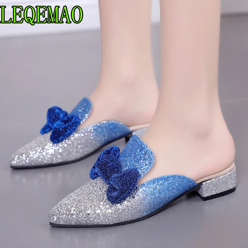 

size 35-43 Colorful Women Slippers Butterfly-knot Sandals Pointed Toe Mules sabot talons hauts Summer Ladies Shoes Slides 2019