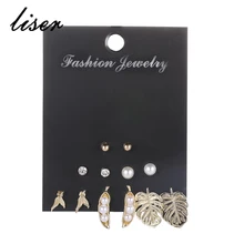 

Vintage 6 Pieces / Set Woman Golden Exaggeration Pearl Pea Fishtail Openwork Leaves Stud Earrings Earring Set