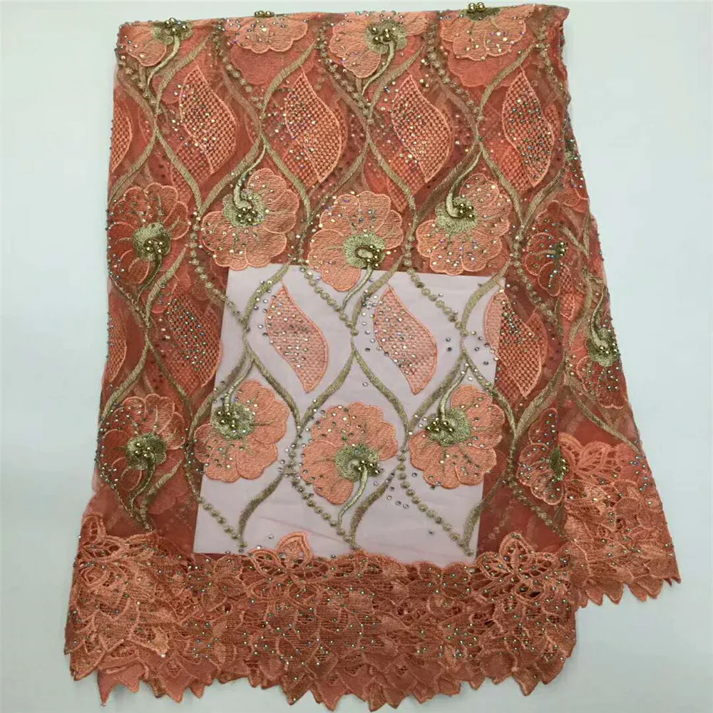 

Peach / Gold French Beaded And Stones Design Net Lace High Quality African Wedding Fabrics X413-03