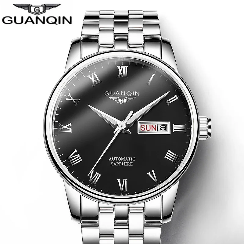 Топ бренд GUANQIN Роскошные Мужские автоматические механические часы серебро полная сталь horloges mannen платья Авто Дата спортивные часы