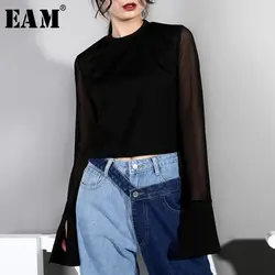 [EAM] 2019 Новый сезон: весна–лето шею длинным рукавом черный Mesh Brief перспектива футболка с отстрочкой Для женщин моды прилив JO26