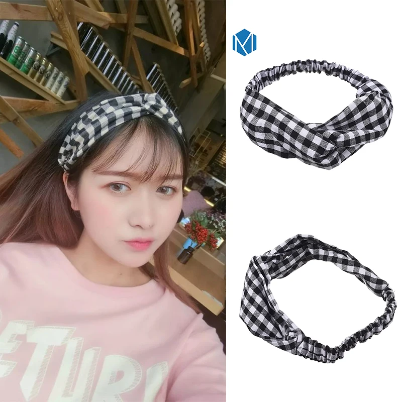 M MISM 1PC Sweet Elastic Hairband Korean Style Plaid Rabbit Ear Turban ...