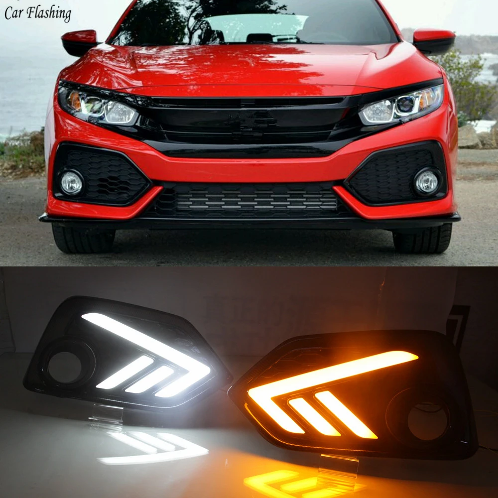 

Car Flashing 1Set LED For Honda Civic 10th hatchback 2016 2017 2018 DRL Daytime Running Light Daylight With Yellow Turn Signal