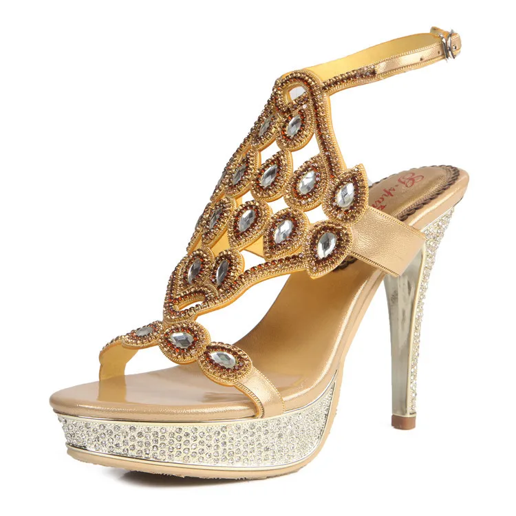 Women Elegant Fashion Platform Diamond Sexy High Heeled Ladies Crystal Sandals Gold Peep Toe Shoes Wedding13