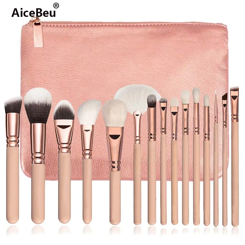 15Pcs Pink with Bag AiceBeu 15 шт. розовый набор кистей для макияжа Pincel пудра для макияжа глаз Кабуки кисть Косметика Инструменты для красоты с кожаный чехол - Handle Color: 15Pcs Pink with Bag