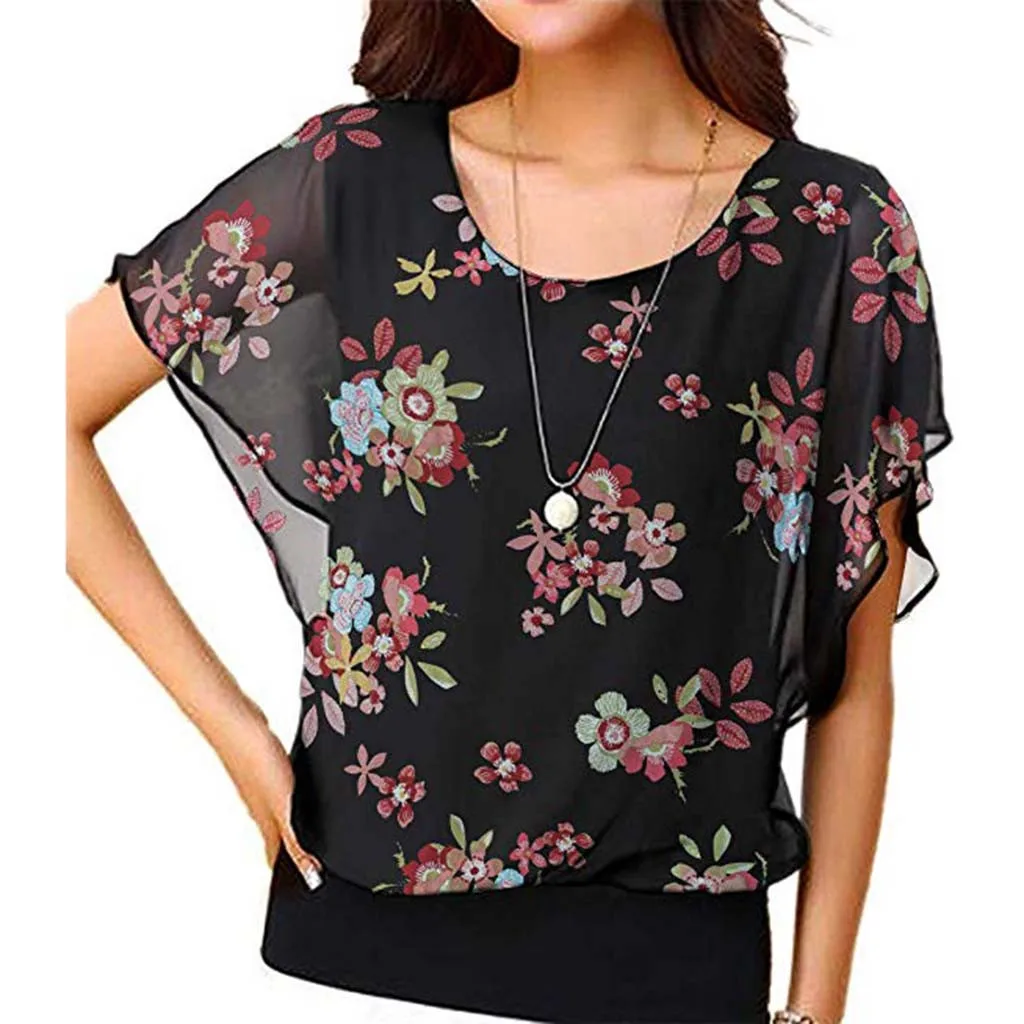 

FREE OSTRICH Women Shirts Printed Bat Short Sleeves Loose O-Neck Casual White Trend Elegant Noble Vogue Summer Blouse Shirts