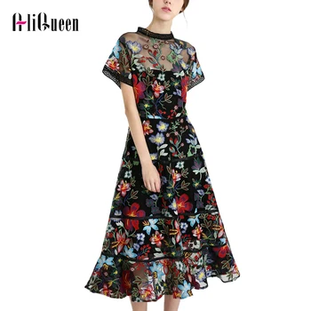 

2019 Luxury Floral Embroidery Runway Dress Elegant Women Sexy Transparent Summer Mermaid Dresses Plus Size Midi Dress Vestido