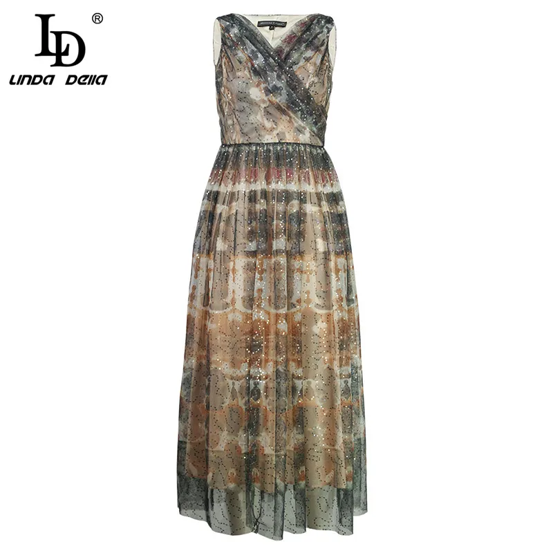 

LD LINDA DELLA 2019 Fashion Runway Summer Elegant Party Dresses Women's V Neck Ruched Sexy Mesh Sequined Midi Vintage Dress