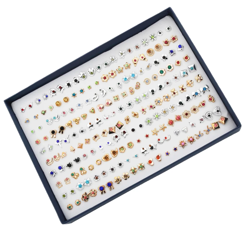 100 Pairs Wholesale Lots Simple Resin Stud Earrings Set Fashion Cute Crystal Rhinestone Ear Studs with Storage Box