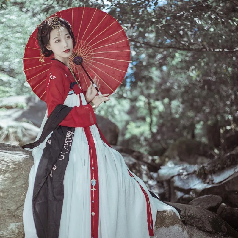 Hanfu платье женщины/дамы элегантный красный Hanfu одежда китайские традиционные костюмы древний Китай Народная танцевальная юбка DQL349