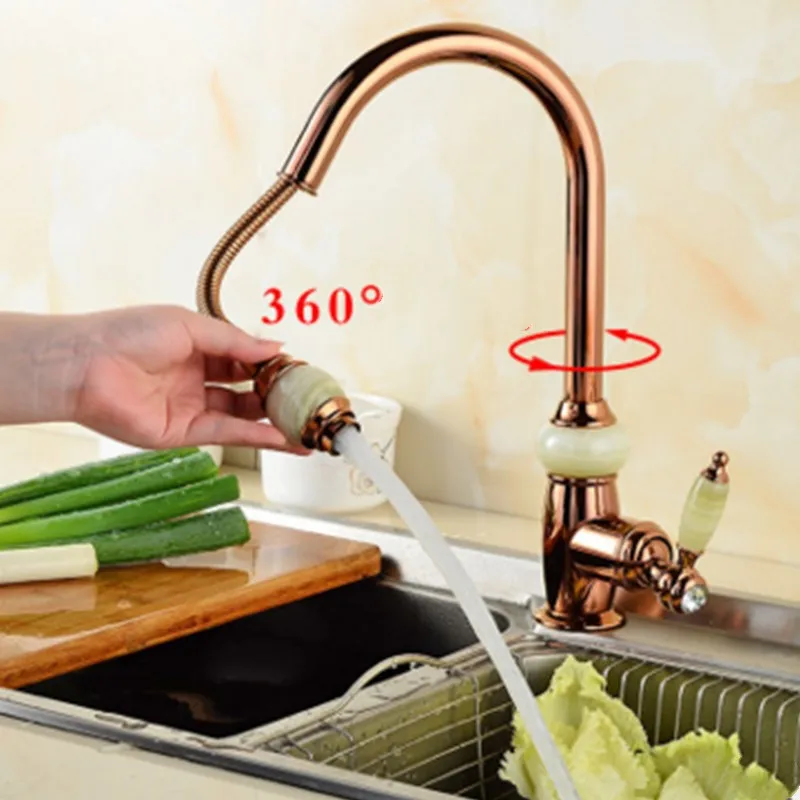 

Jade Gold Faucet Copper Kitchen Pumping Faucet European Natural Jade Cold and Hot Water Faucet