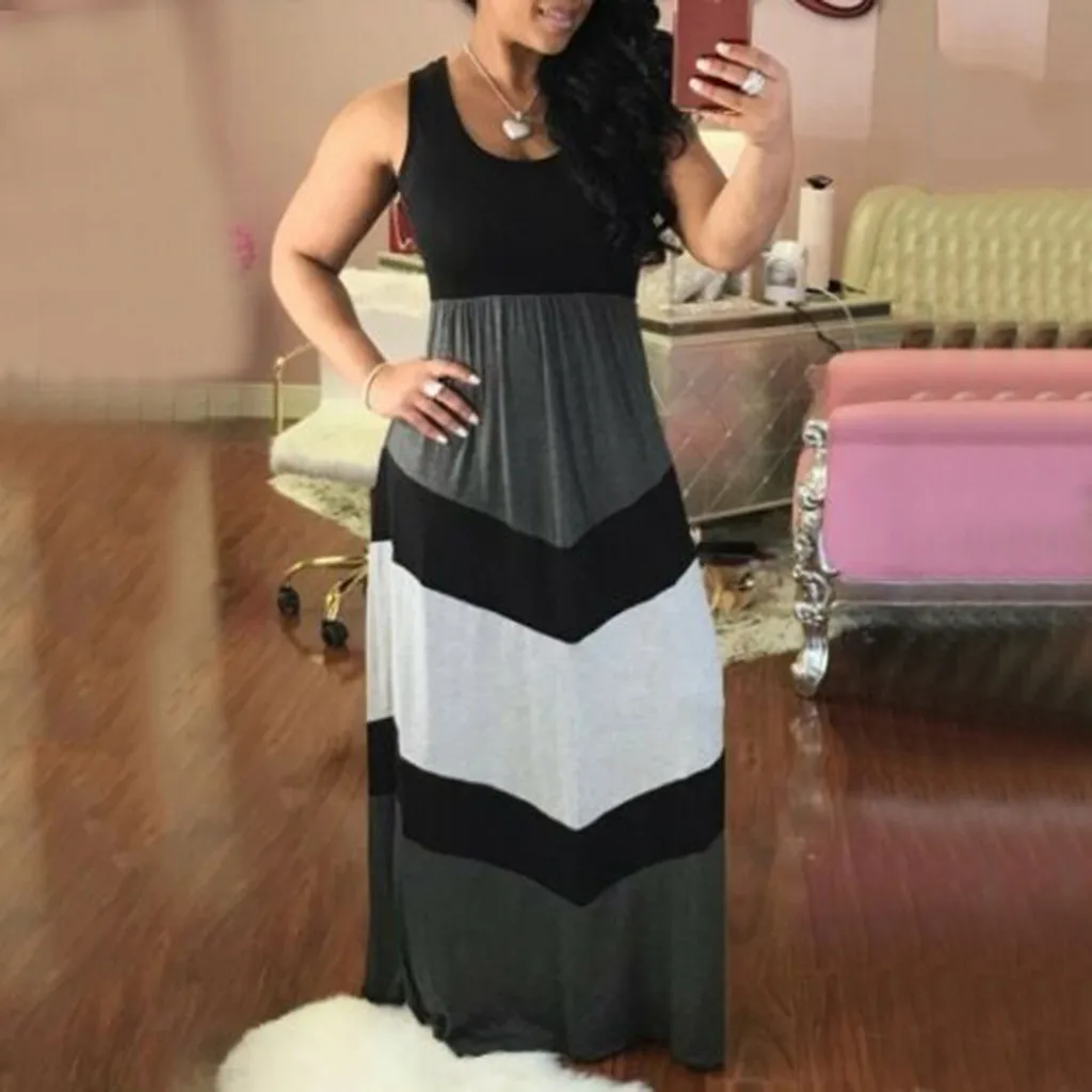 

Feitong Ladies Sleeveless Striped Dress Women Stripe Stitching Casual Color Block High Waist Maxi Long Dress Robe Longue Femme
