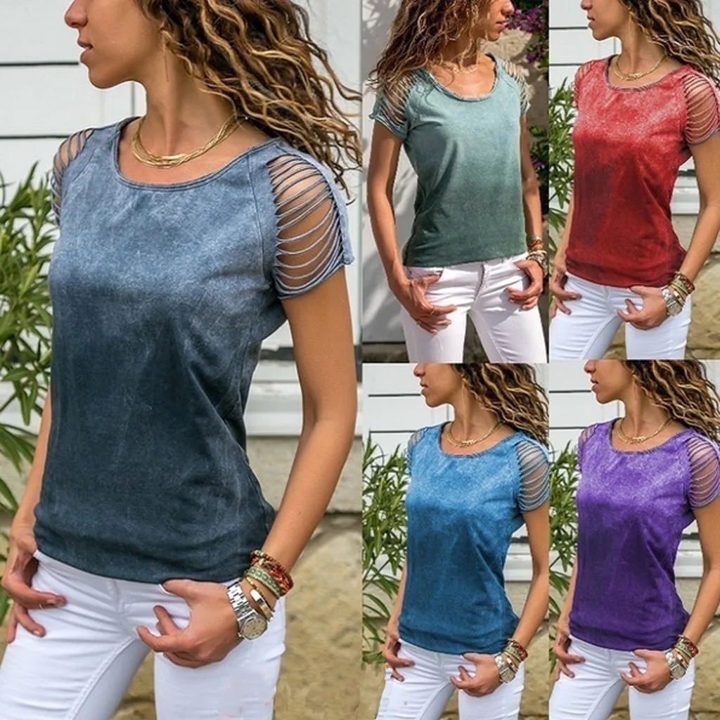 

Womens Sexy Cut Out Crop Short Sleeve T-Shirt Tops female Solid color cut gradient round neck top girl T-shirt ropa verano mujer