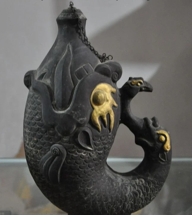 

Old tibet silver gilt dragon Fish Scleropages phoenix head Wine TeaPot Flagon