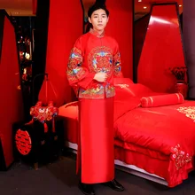 Черное лучшее китайское длинное платье для свадьбы Cheongsam винтажная Восточная одежда для жениха длинное вечернее платье для мужчин