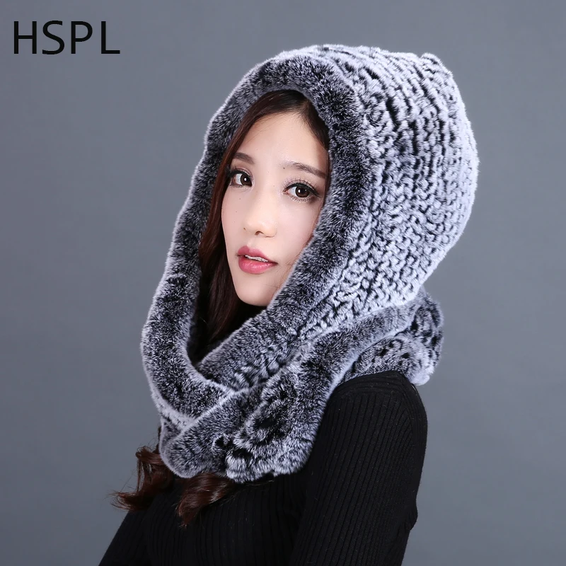HSPL модная зимняя вязаная шапка из меха кролика рекс с шарфом для девочек