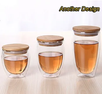 

Glass cups drinkware double layer cups with wood lid
