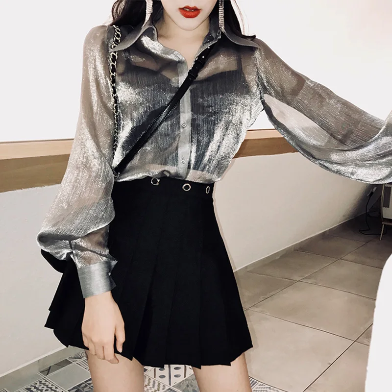 

Fashionable Silver gray Korean loose sunscreen thin shirt long sleeve cardigan shirt jacket Lady Summer blouses Chiffon