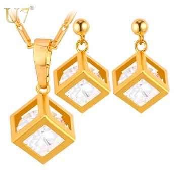 

U7 CZ Crystal Earrings And Charm Necklace Set For Women Gold Color Chain Luxury Square Cubic Zirconia Jewelry Sets S1001