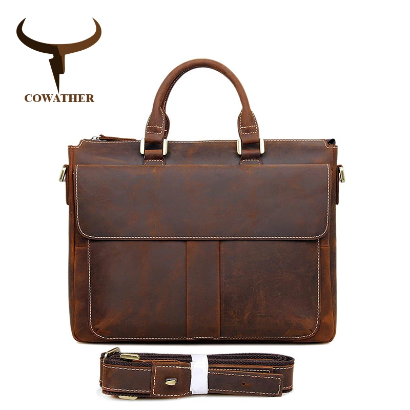 Get  COWATHER Crazy Horse Leather Laptop Briefcases Best Selling Men's Shoulder Bag Vintage Handbag For 