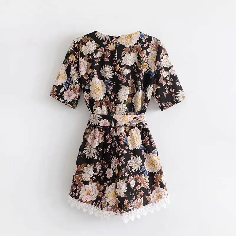 Summer Sexy Chiffon Lace V-Neck Short Playsuits Female Vintage Floral Print Belt Beach Jumpsuits Boho Rompers Womens Jumpsuit Summer Sexy Chiffon Lace V-Neck Short Playsuits Female Vintage Floral Print Belt Beach Jumpsuits Boho Rompers Womens Jumpsuit
