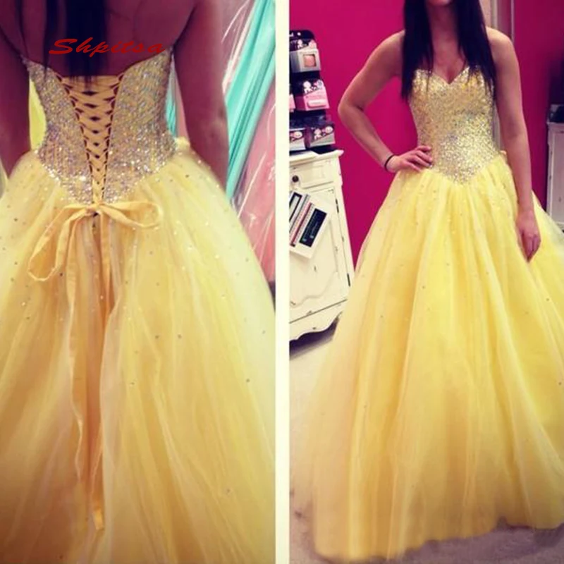 Роскошные платья с кристаллами Quinceanera бальное платье желтого цвета для