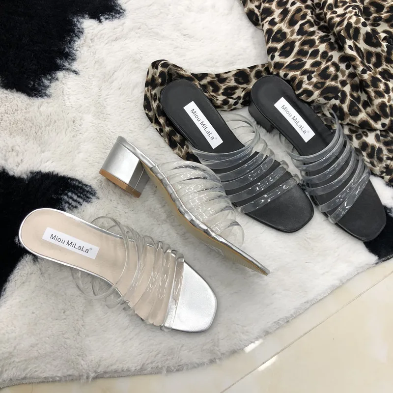 

Square heel Ladies Flip Flops Shoes Slippers Women Summer Transparent Heel Med Slides Flip-flops Soft Sliders Flat Basic