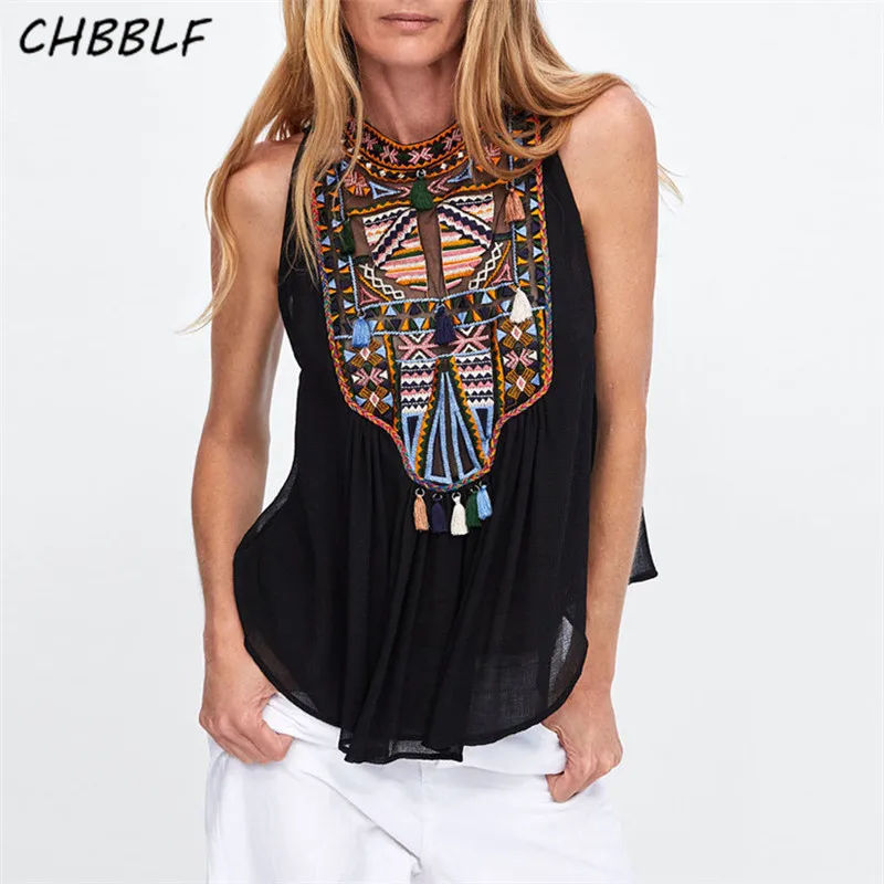 

CHBBLF women vintage embroidery blouse tassel sleeveless ladies retro casual white black tops blusas C8384
