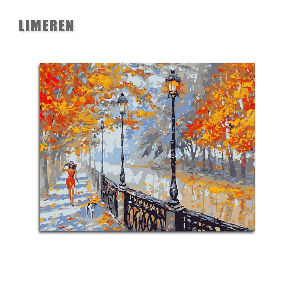 

Walk the dog woman Autumn Street DIY Painting By Numbers Animal Hand-painted Canvas Oil Painting For Living Room Home Decor