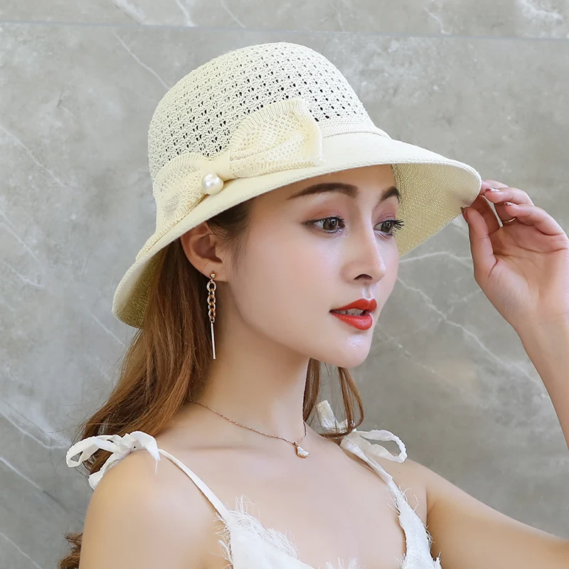 Raglaido/летние шапки для женщин с бантом, жемчужная шляпа от солнца, модная открытая вязаная фетровая шляпа для девочек, уличная ветряная веревочная шляпа