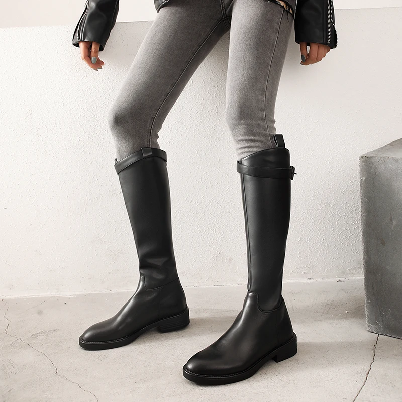 QUTAA/ г. Новые осенне-зимние модные сапоги до колена на платформе с молнией и пряжкой повседневная женская обувь из коровьей кожи с круглым носком размер 34-39