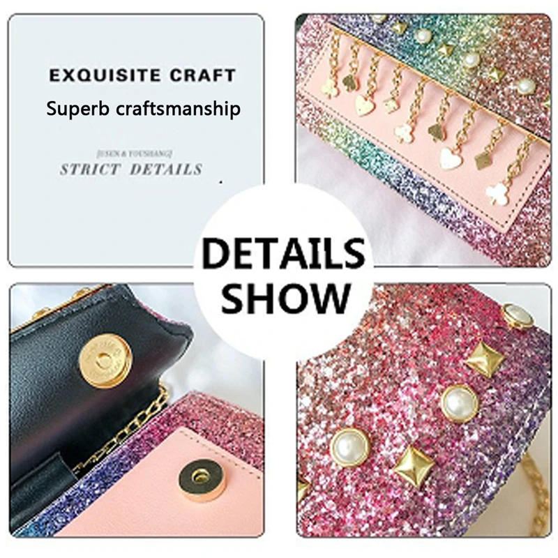 Womens Ladies Sequined Flax Leather Envelope Clutch Evening Shoulder Chain Bag Colorful Messenger Bags
