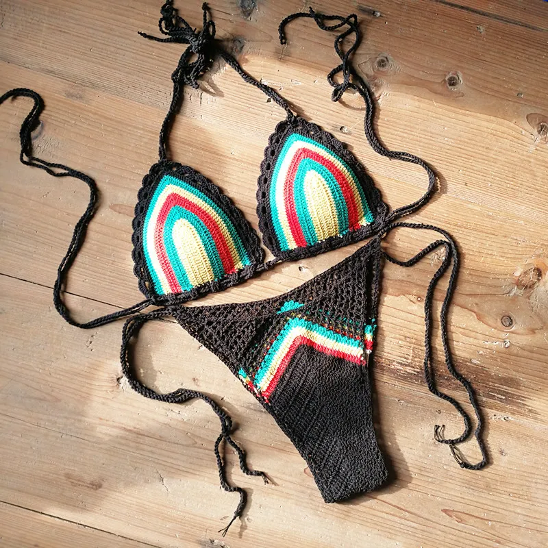  Classic Handmade Crochet Rasta Colored Bikini Set - Brazilian style Women Swimwear - Beach push up 