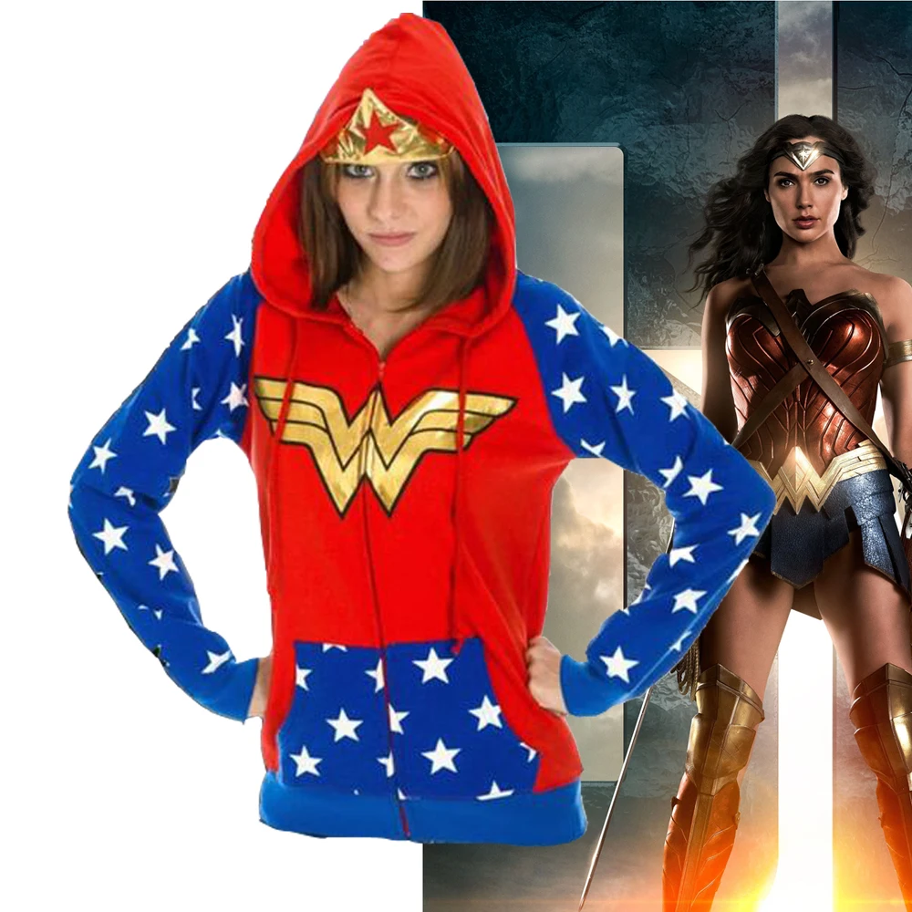 

2017Movie Wonder Woman Hoodies Cosplay Foil Crown Junior Sweashirt Coat Zipper Fashion Hooded Jacket Cosplay Costumes Coats