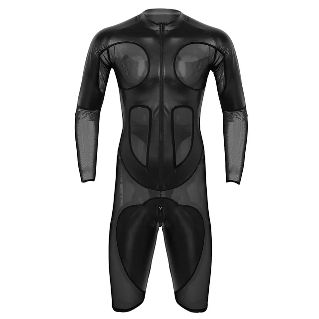 Mens One-piece Sexy Bodysuit Lingerie Gay Male Splice Long Sleeve Zipper Soft Boxer Shorts Leotard Jumpsuit Bodystocking -