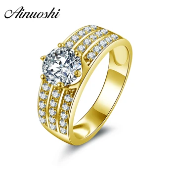 

AINUOSHI 14K Solid White/Yellow Gold Wide Band Rings 1 ct Round Cubic Zircoina 3 Rows Drill Pave Setting Women Engagement Ring