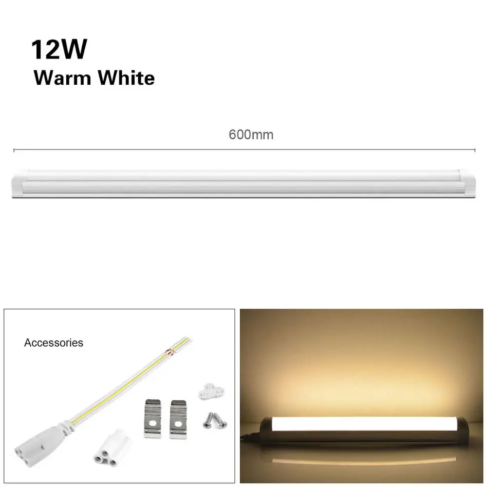 T8 ламповый Светодиодный светильник 8 Вт 12 Вт 220 В 300 мм 1 фут 600 мм 2 фута светодиодный T8 Интегрированный ламповый светильник, сменный флуоресцентный кухонный настенный светильник - Испускаемый цвет: 12W Warm White
