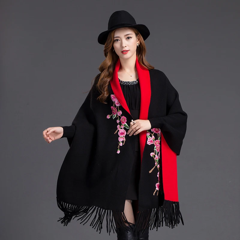 

New Arrival Black/Red Women's Cashmere Reversible Poncho Zizith Embroider Flowers Pashmina With Bat Sleeve Shawl Scarf 1127