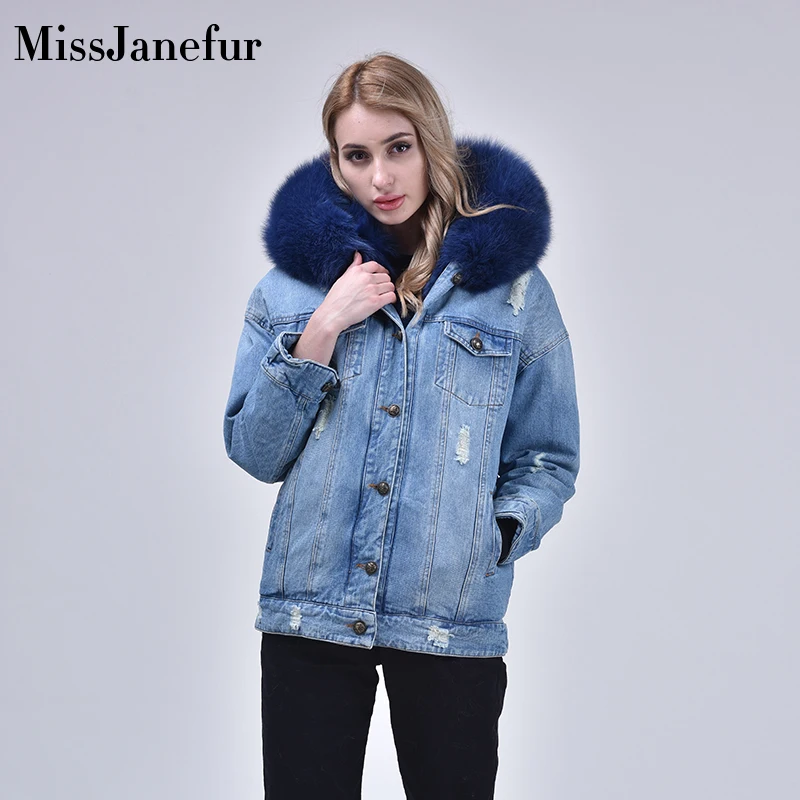 Women Denim Jacket With Fur hood Women Autumn Winter Denim Jacket Warm Upset Jacket Vintage Long Sleeve Loose Jeans Coat Outwear