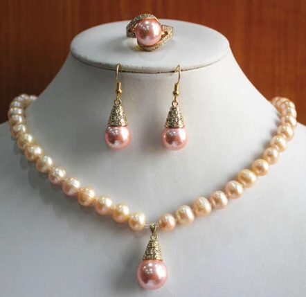 

huij 004002 Charming Women'S 8mm Pink Shell Pearl Necklace Earring Ring(7/8/9) Jewelry Set