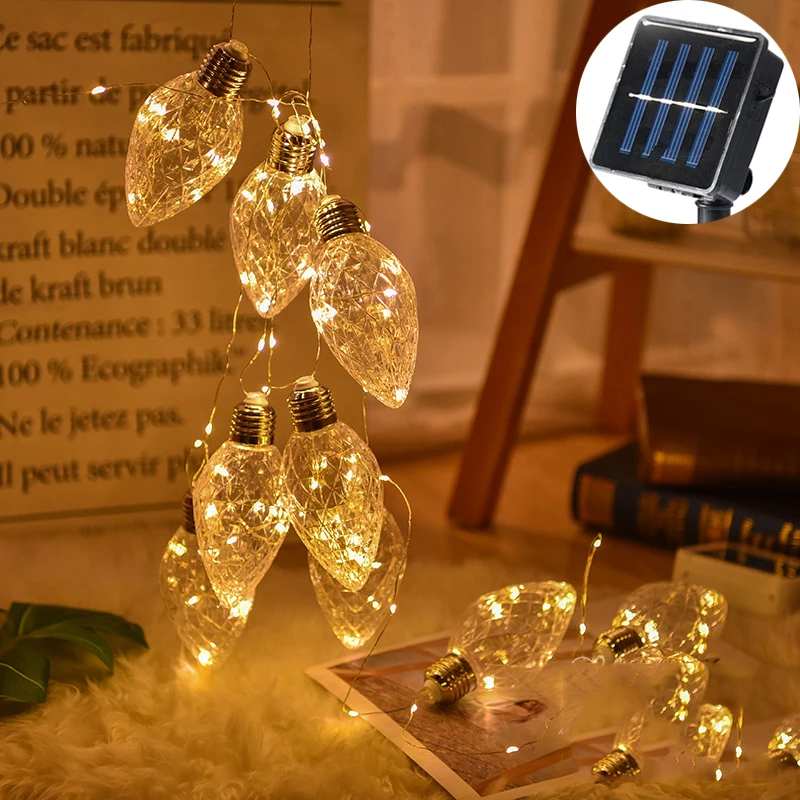 

100Led Fairy Taper Transparent Bulb Solar Power Copper Wire String Light 3M LED Decor For Christmas Garland New Year gerlyanda
