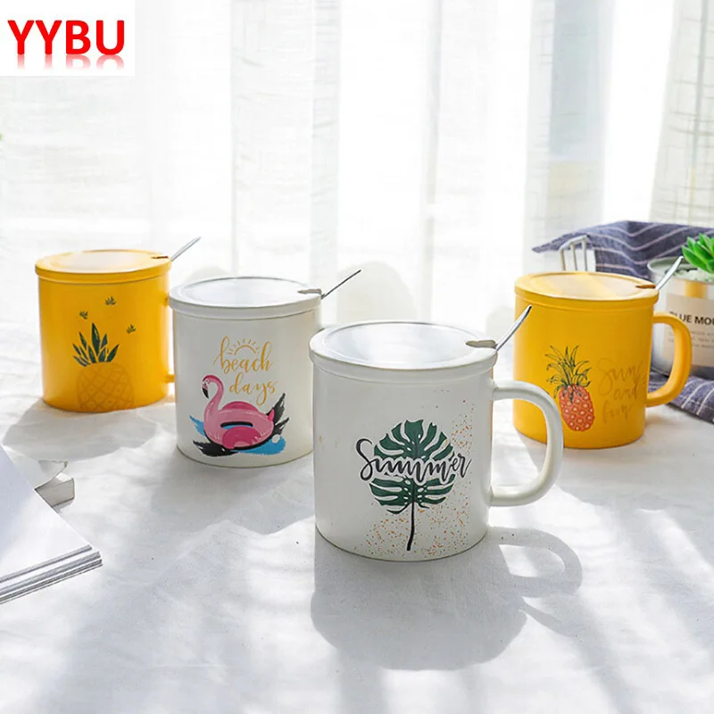

YYBU 380ml Creative Ceramic Coffee Mug with Lid and Spoon Cute Flamingo Cups and Mugs Travel Mug Set Teacup Drinkware Bottle