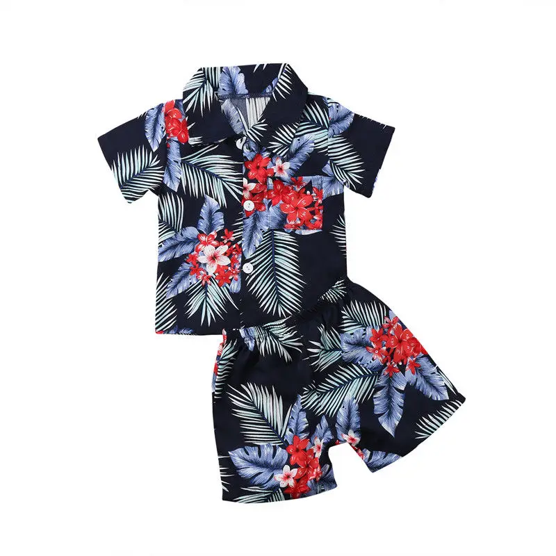 Летняя одежда для новорожденных мальчиков Гавайские пляжные детские рубашки для мальчиков Топ+ шорты, комплект одежды - Цвет: Синий