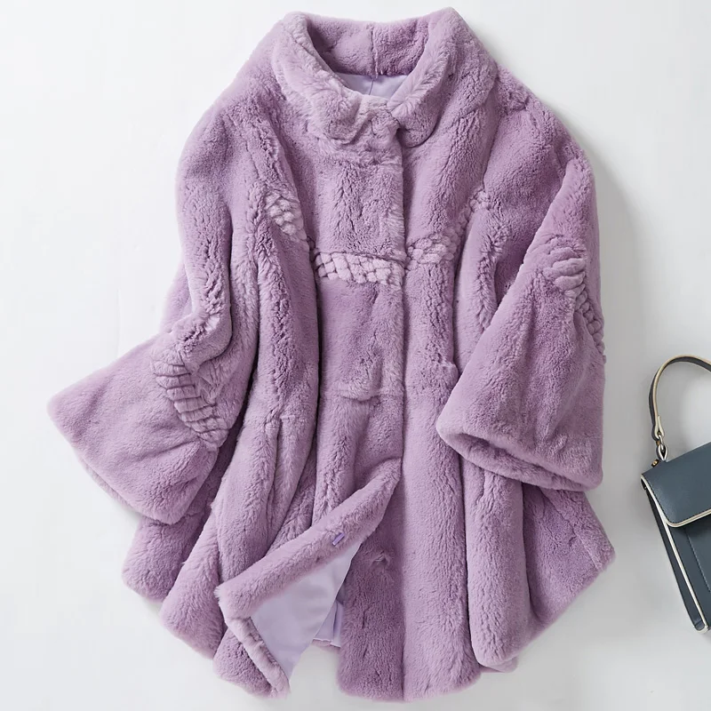 Flower cut loose fit natural rex rabbit fur coat women plus size stand collar real fur jacket 2018 autumn winter collection