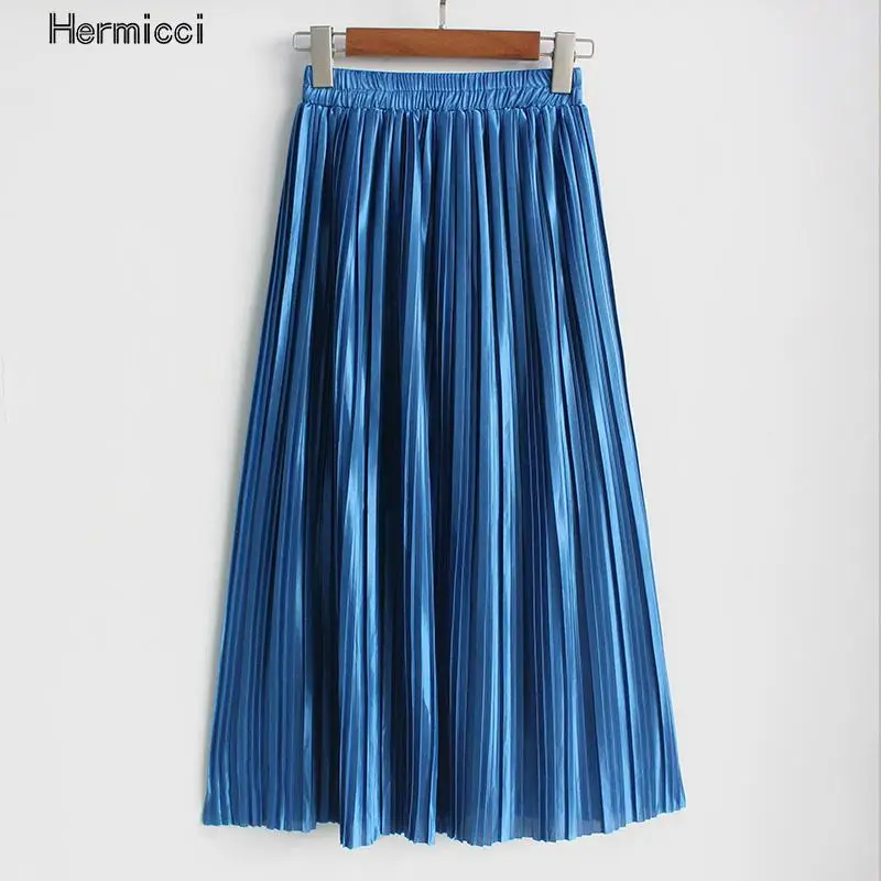 Hermicci 2020 Fashion Skirts Summer Pleated Long Skirts Women Metallic Midi Skirts Faldas Largas Mujer