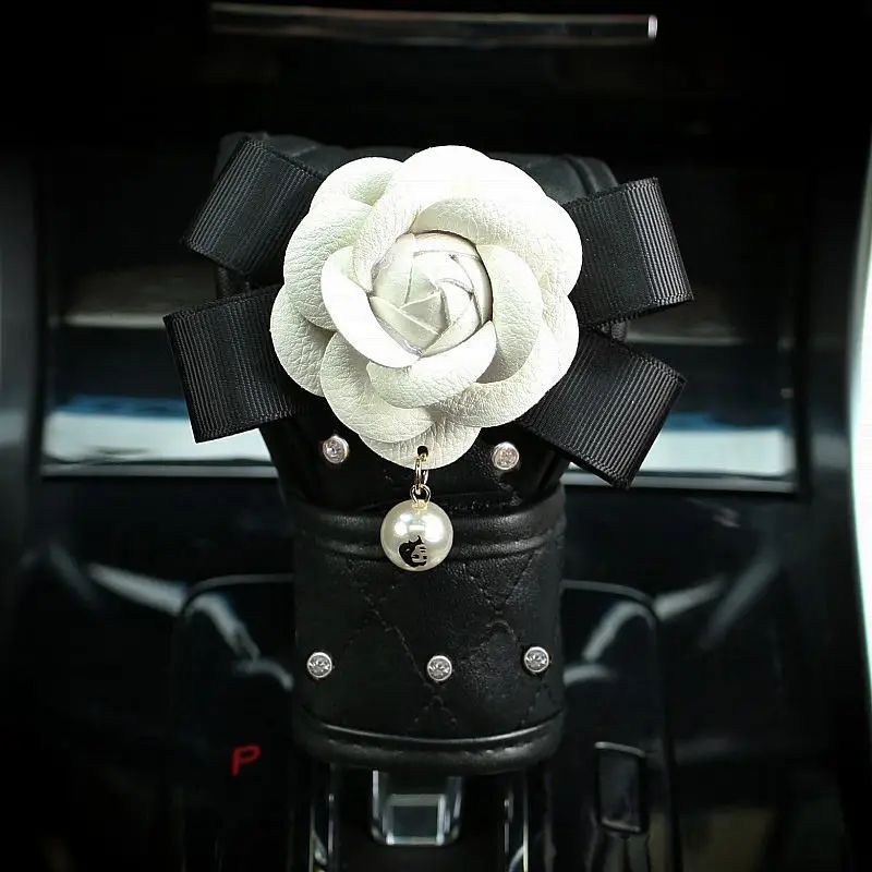 Стразы, цветок камелии, аксессуары для салона автомобиля, Женский кожаный чехол на руль, ручной тормоз, крышка на руль - Название цвета: Shifter Cover