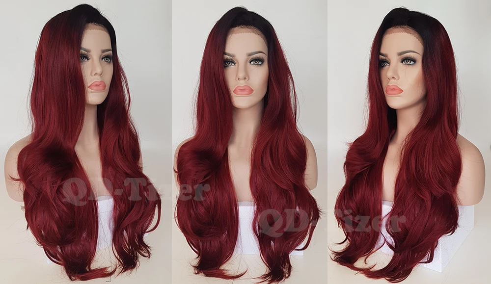 QD-Tizer Burg Ombre Wavy Hair Fashion Color Heat Resistant Synthetic Lace Front Wigs Glueless Free Part Wigs for Women5